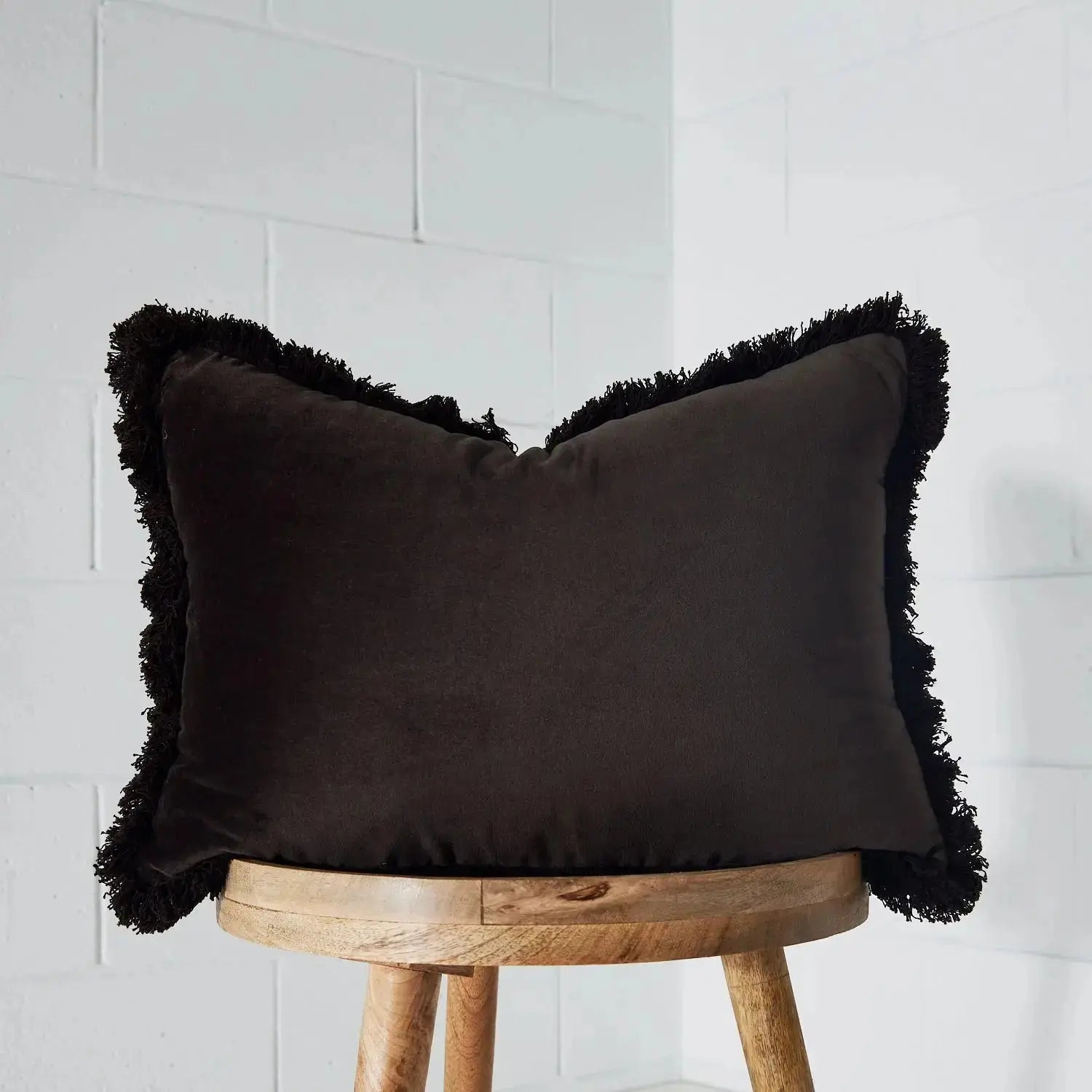 Fringed Velvet Cushion Chocolate - Cushion - Rugs a Million