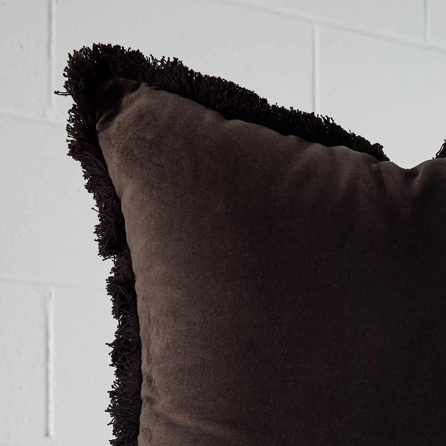Oversized Fringed Velvet Cushion Chocolate - Cushion - Rugs a Million
