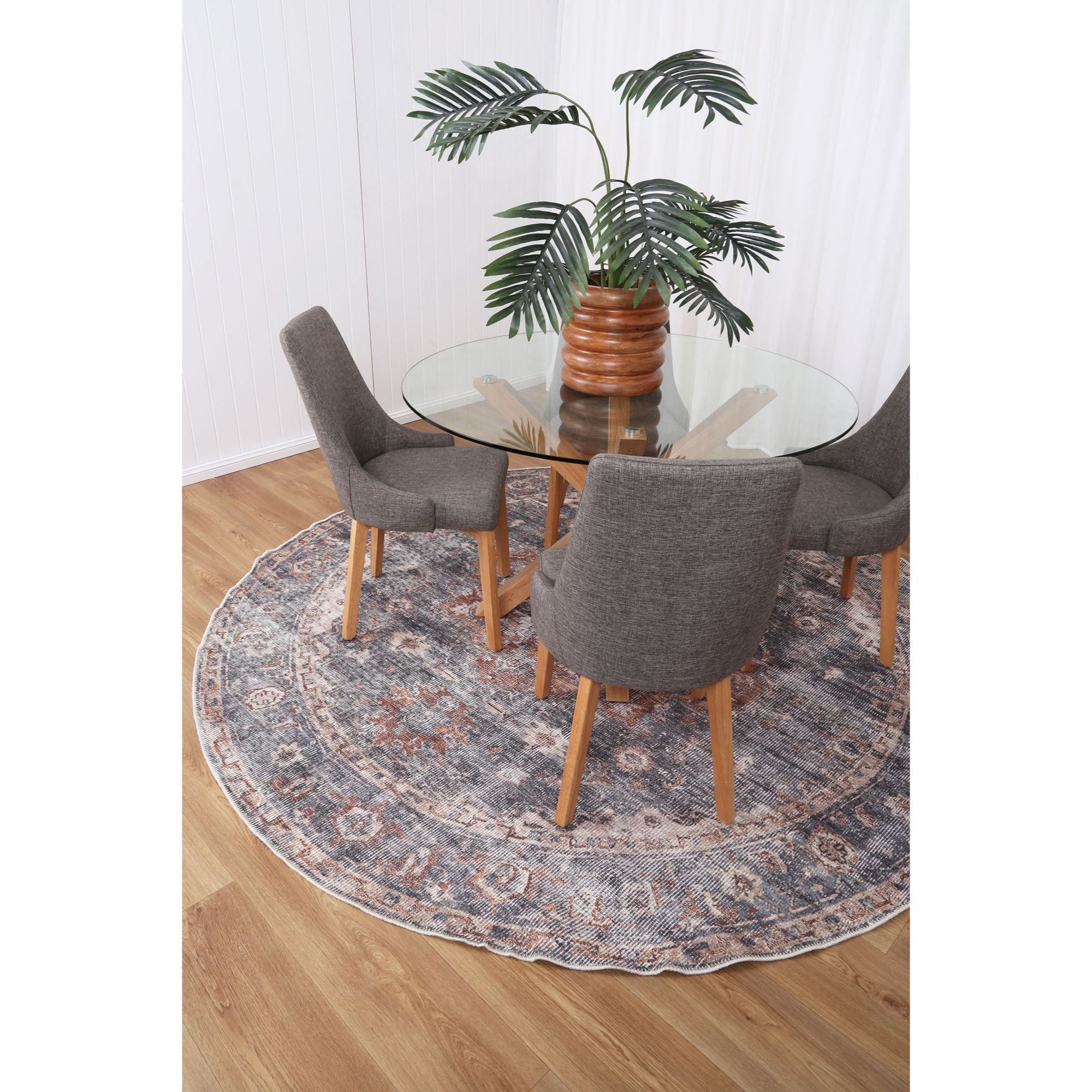 Distressed Vintage Cezanne Rabbit Gray Inca Gold Round Rug - Washable Rug - Rugs a Million