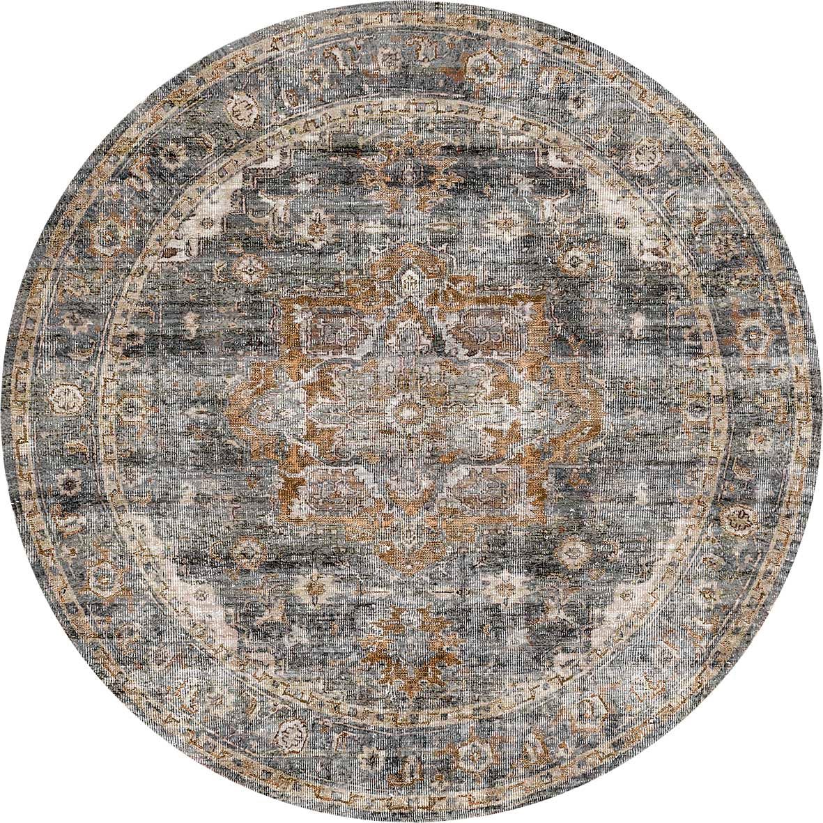 Distressed Vintage Cezanne Rabbit Gray Inca Gold Round Rug - Washable Rug - Rugs a Million