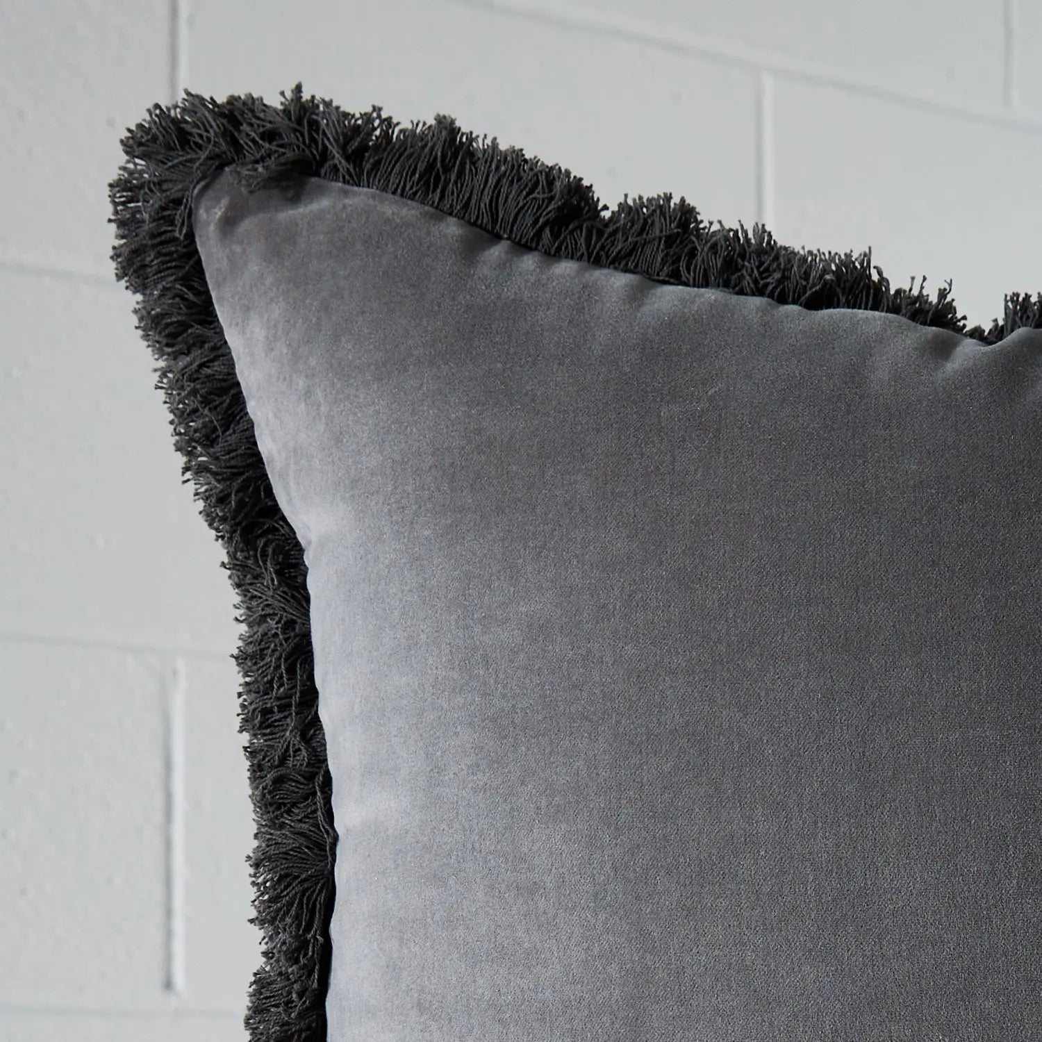 Fringed Velvet Cushion Grey - Cushion - Rugs a Million