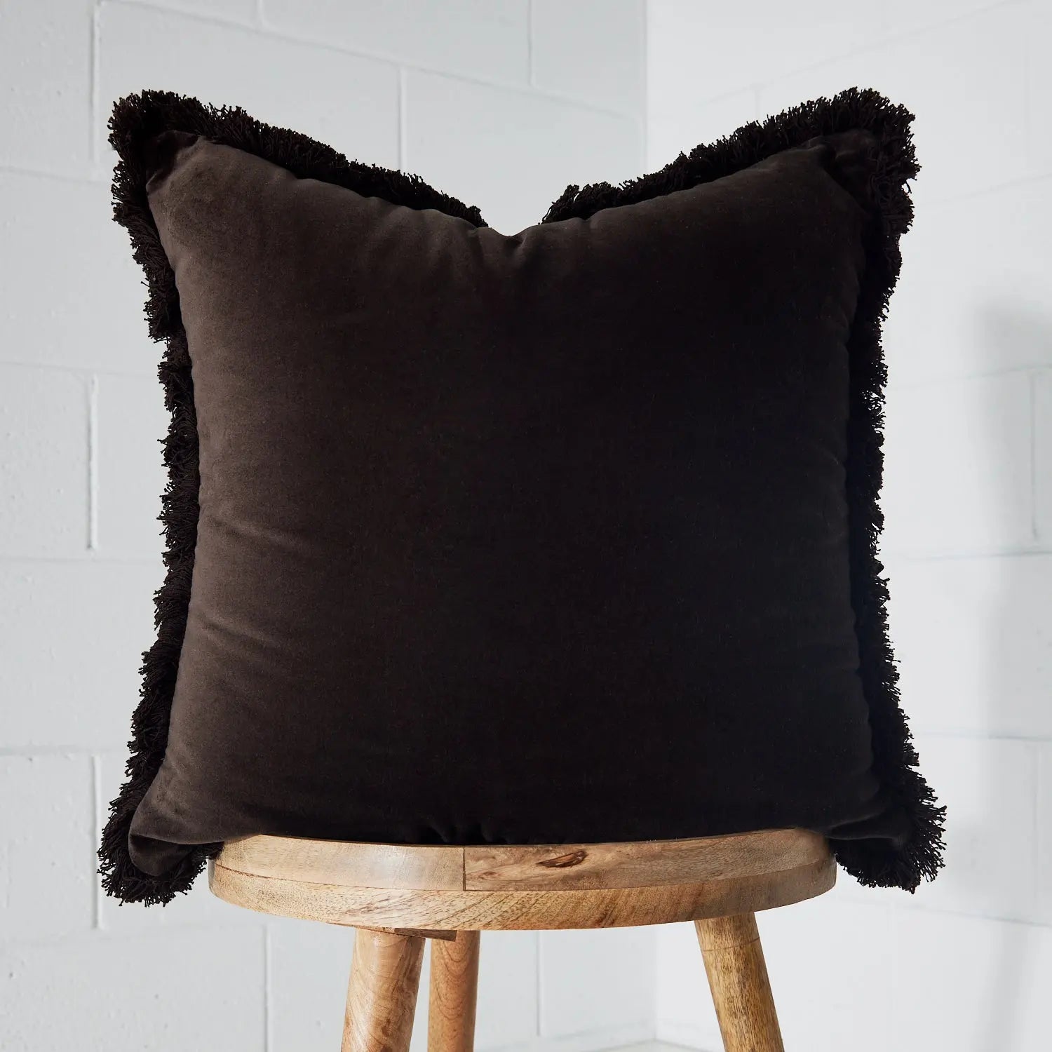 Oversized Fringed Velvet Cushion Chocolate - Cushion - Rugs a Million