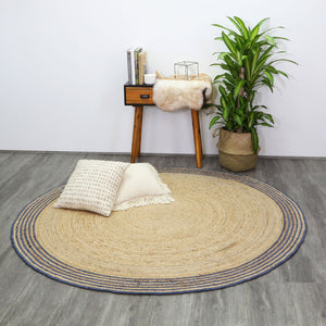 Capri Navy Blue Natural Round Boarder Rug - Natural - Rugs a Million