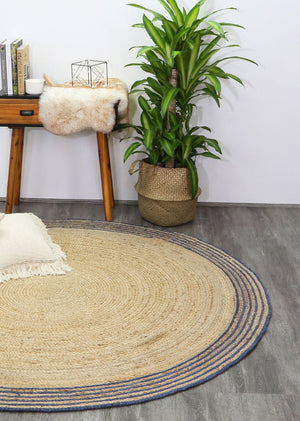 Capri Navy Blue Natural Round Boarder Rug - Natural - Rugs a Million