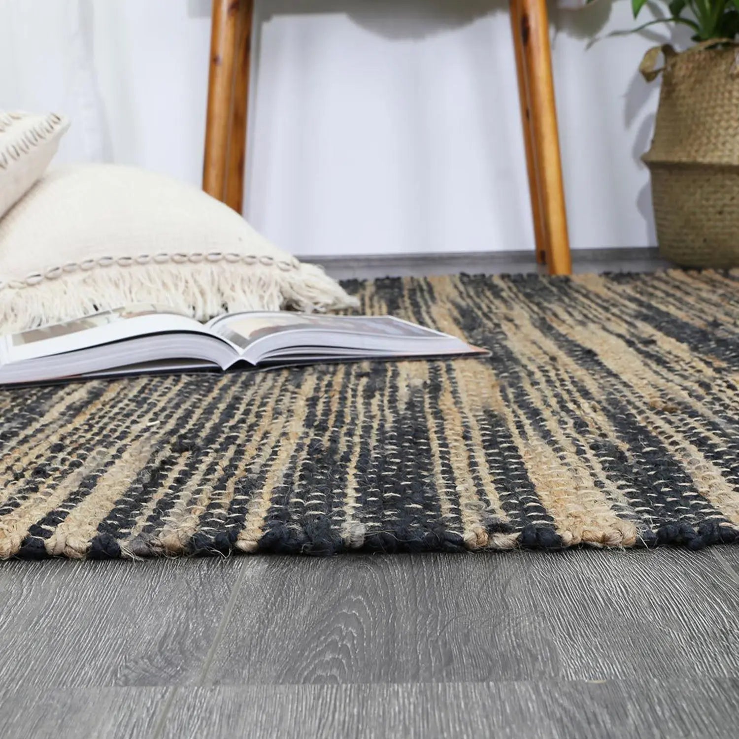 Malmo Grey Stipe Natural Jute Rug - Natural - Rugs a Million