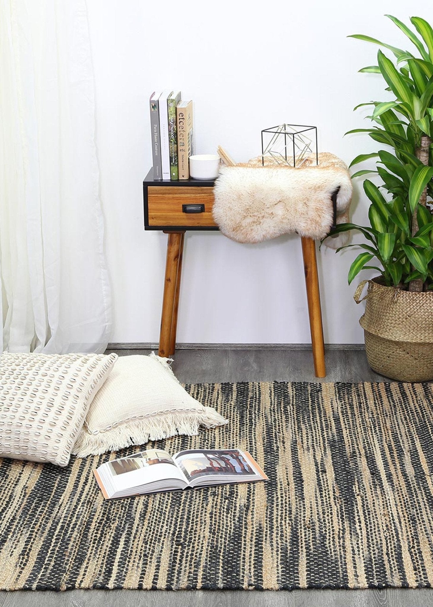 Malmo Grey Stipe Natural Jute Rug - Natural - Rugs a Million