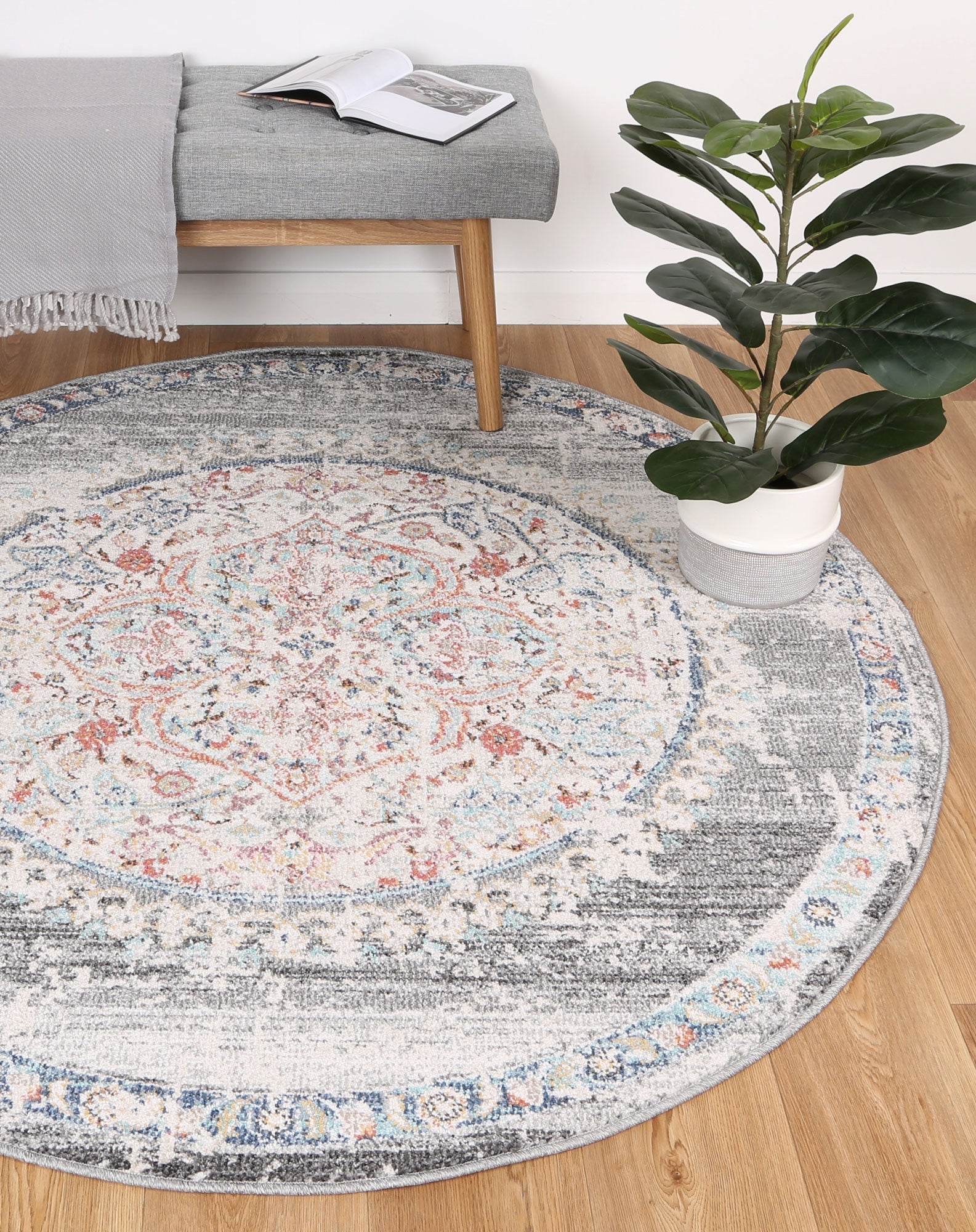 Mercury Hollow Medalion Transitional Grey Round Rug - Round Rug - Rugs a Million