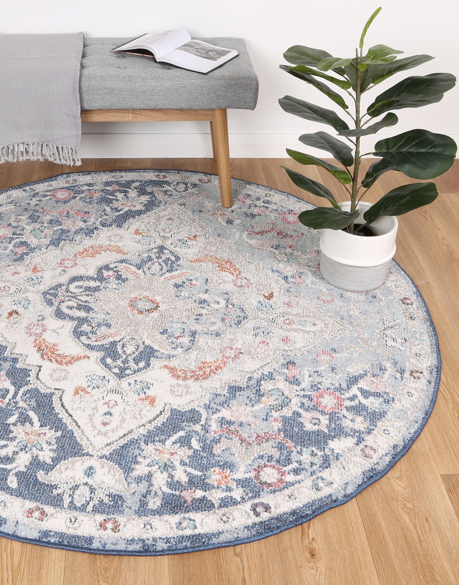 Mercury Hollow Medalion Transitional Navy & Multi Round Rug - Round Rug - Rugs a Million