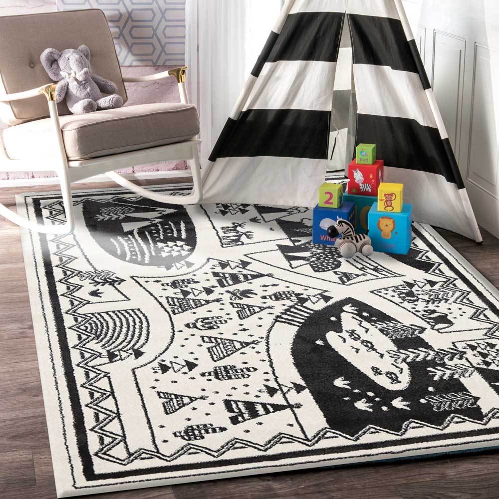 Piccolo Black and White Kids Camping Adventure Kids Rug - Kids - Rugs a Million