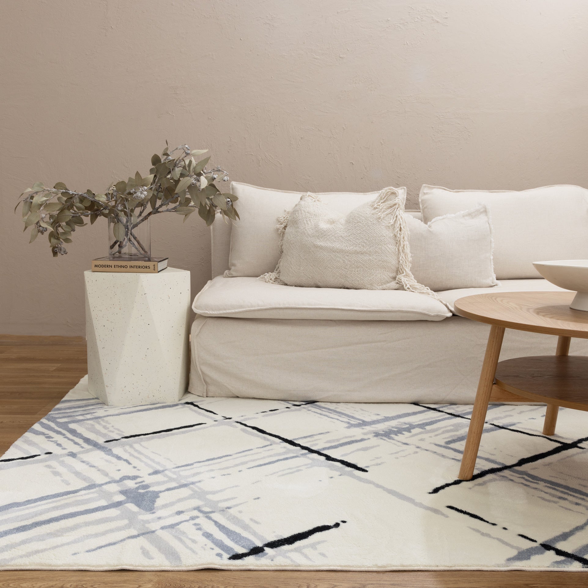 Velveto Geo Cream Blue Washable Rug - Rug - Rugs a Million